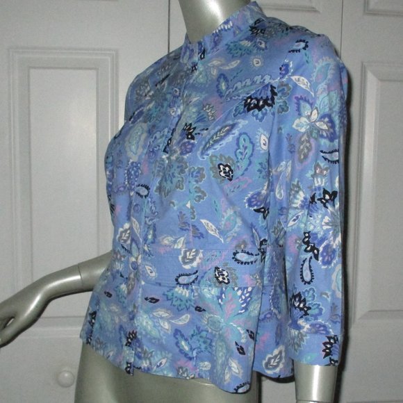 SIGRID OLSEN Blue Floral Pattern Button Shirt 3/4 Sleeves - Picture 2 of 7